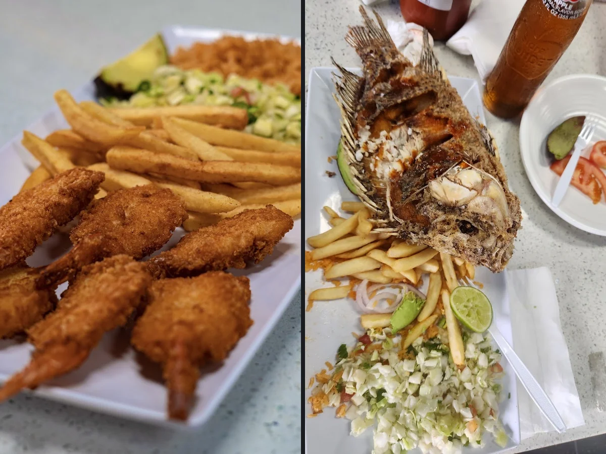 Counter-serve seafood plates on a casual counter.