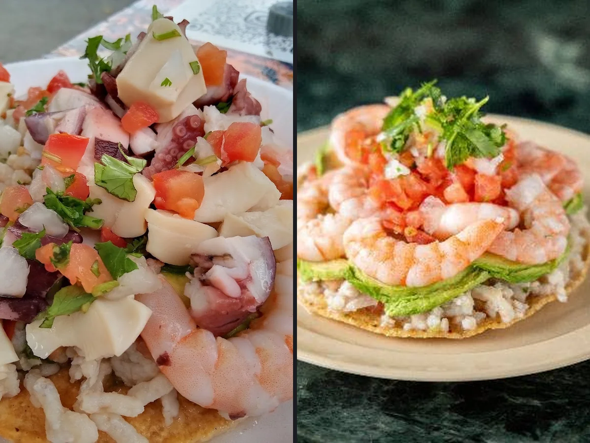 Counter-serve seafood plates on a casual counter.
