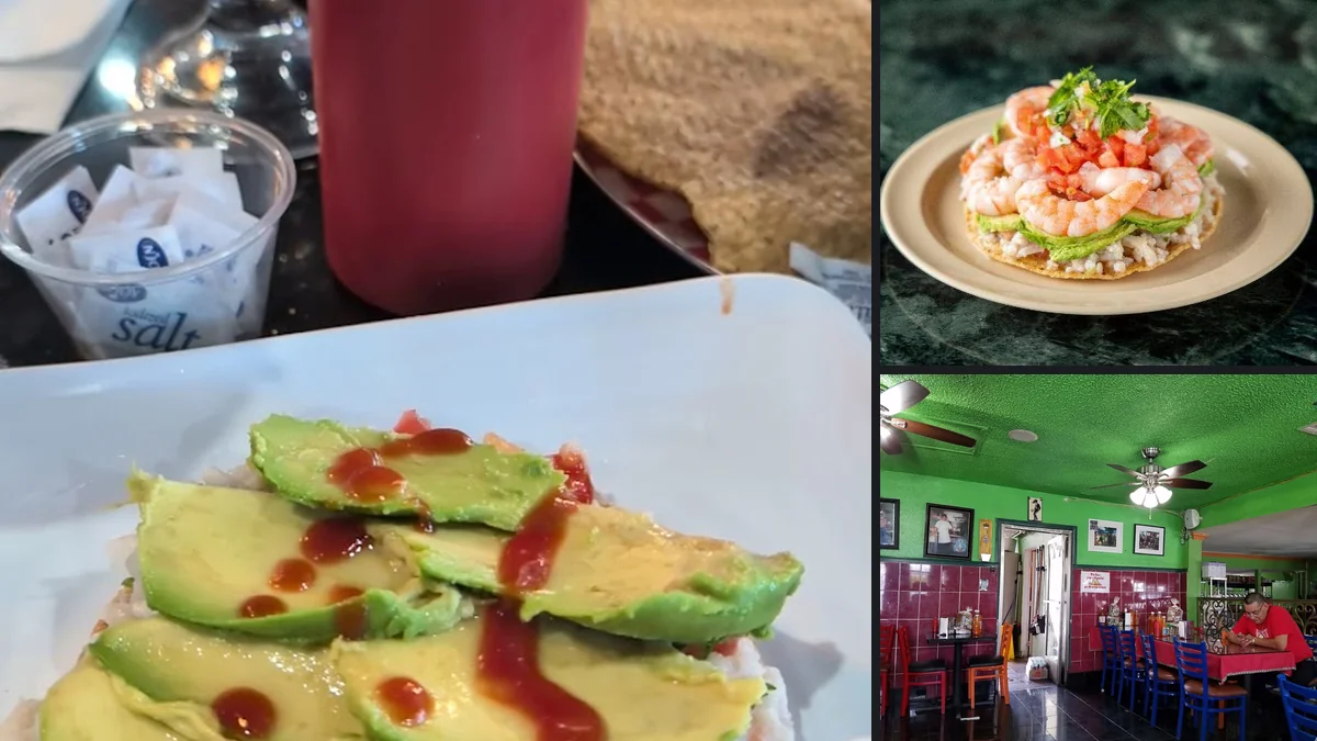Colorful seafood dishes in a simple dining space.