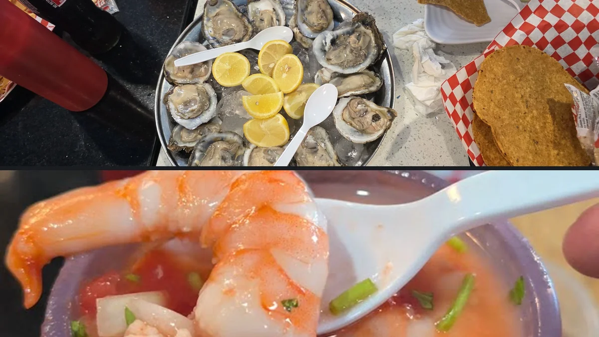 Counter-serve seafood plates on a casual counter.