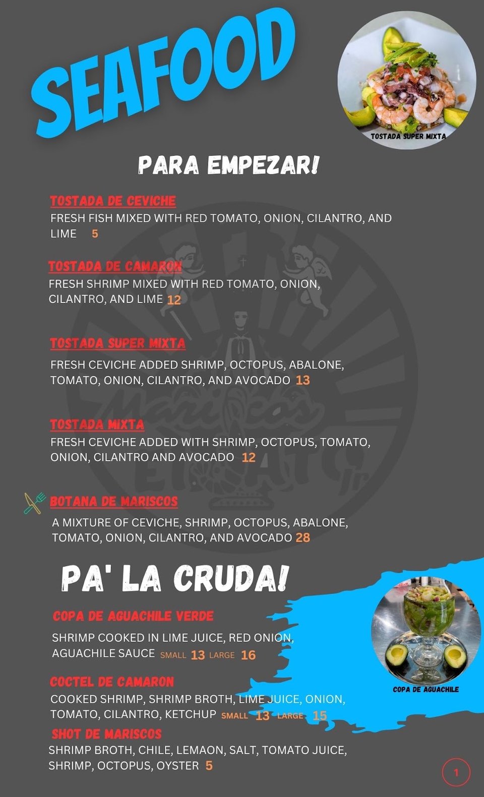 Menu page for tacos, tostadas, and cocteles.